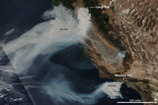 NOAA EVL satellite image of two large wildfires in California on November 9, 2018