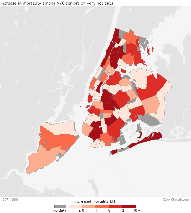 Map of New York city neighborhoods showing excess mortality rates on days when the heat index is above 100 F