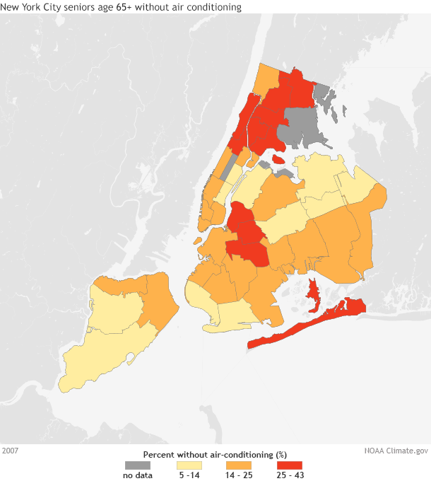 Map of NYC neighborhoods showing household air-conditioning prevalance