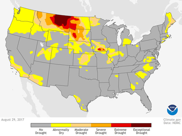 CONUS map showing drought in the U.S. on August 29, 2017 based on data from U.S. Drought Monitor
