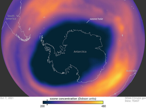 Satellite map of ozone hole over Antarctica in 2021
