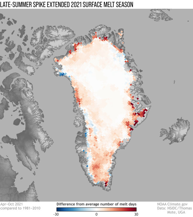 Map of number of surface melt days on Greenland in summer 2021 compared to the long-term average