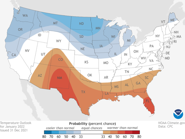Map of temperature outlook across U.S. for January 2022