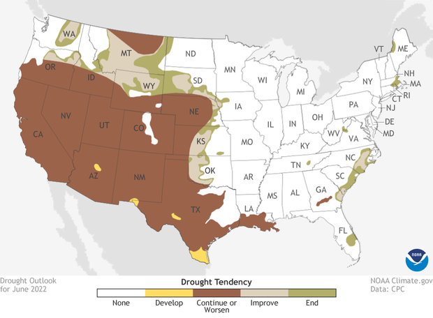 June 2022 Drought outlook. Browns and yellows over the western US indicate areas where drought will persist or develop. Greens and beiges over the northern tier and central Plains indicate where drought is favored to improve or be removed.