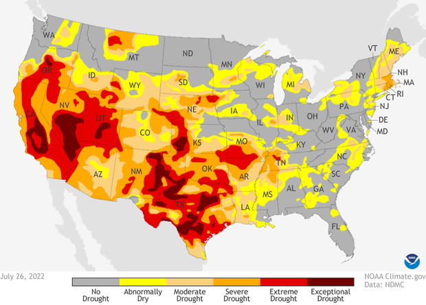 July 26, 2022 drought monitor. Yellow, oranges and reds across the West and southern Plains indicates increasing levels of drought severity.