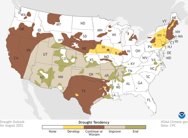 August 2022 drought outlook. Browns out West indicate where drought will persist. Greens over Southwest and Oklahoma indicate where drought will improve or be removed. Yellows over northeast, and Iowa indicate where drought is likely to develop.