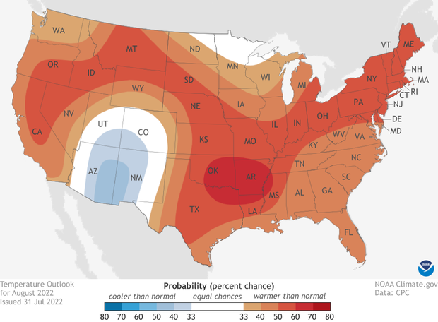 August 2022 temperature outlook. Reds over much of contiguous US indicate where hotter than average temperatures are favored. Blues over Southwest indicate where cooler than average temperatures are favored.