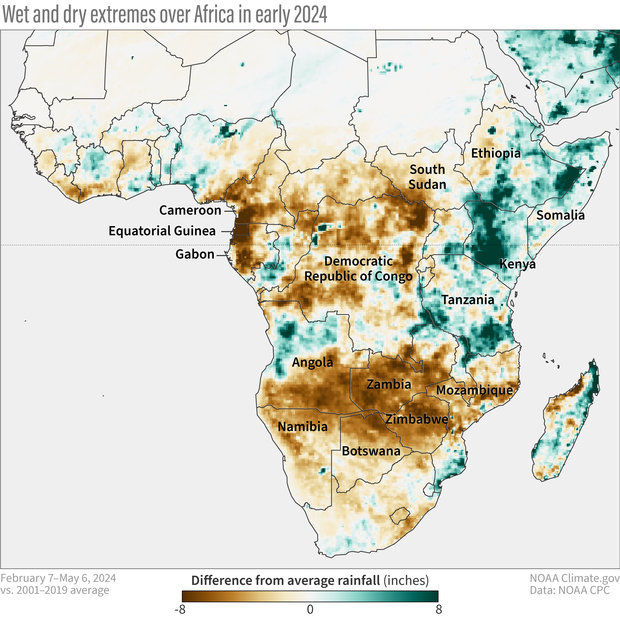 map showing precipitation patterns for Africa in early 2024