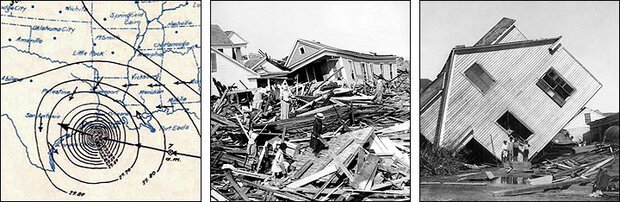 PHoto montage with three images: a hand-drawn map of the track of the Galveston hurricane, a photo of shattered houses, a photo of a house in tact but tipped off its foundation