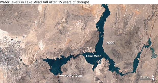 Satellite view of lake shrinking over time