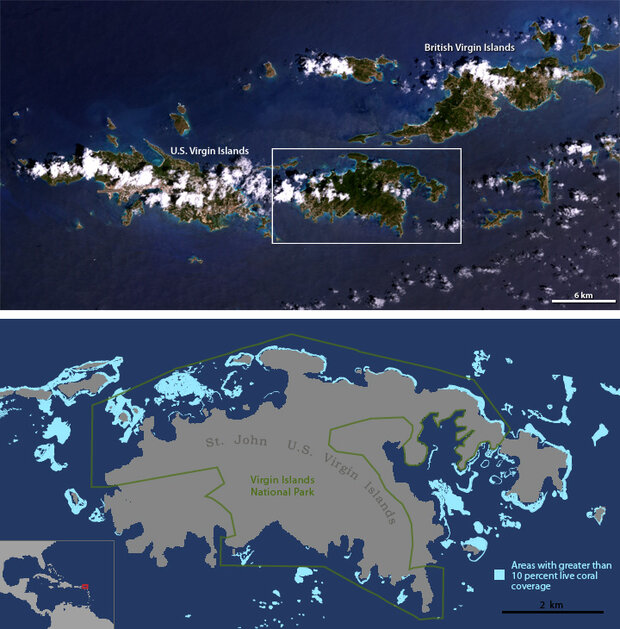 Satellite image of U.S. Virgin Islands combined with a map of coral reef locations