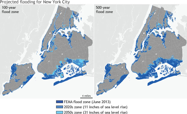 side-by-side maps of 100-year and 500-year flood zones in NYC with 11 inches versus 31 inches of global sea level rise