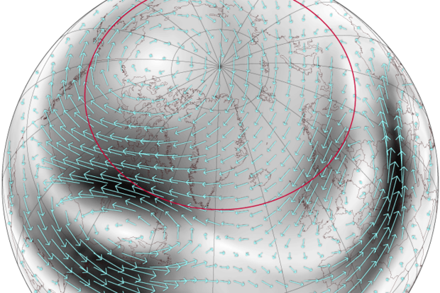 Cropped section of globe-style map of polar winds