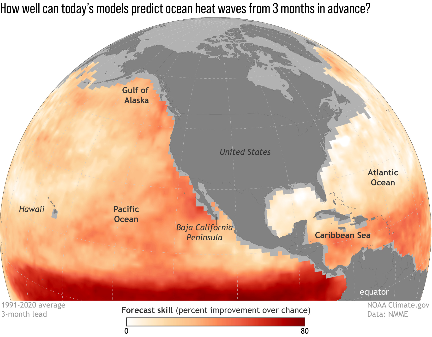 Globe-style map centered on North America showing model skill at predicting ocean heat waves 3 months in advance