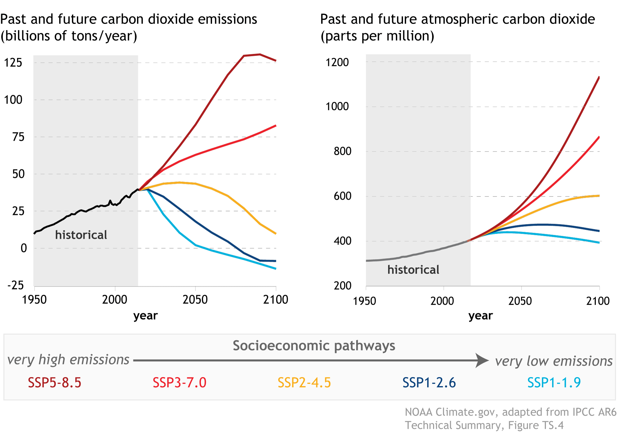 Two graphs with colored lines showing (left) past and different future annual carbon dioxide emissions with diffrent socioeconomic pathways and (right) past and future atmospheric carbon dioxide amounts for those pathways