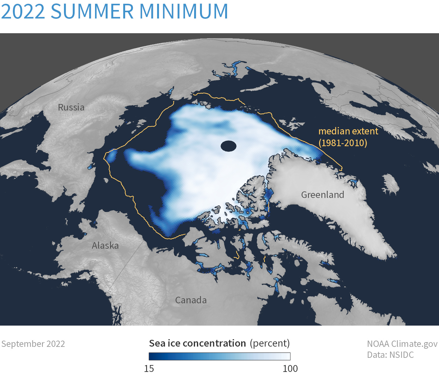 Map of Arctic sea ice concentration for September 2022