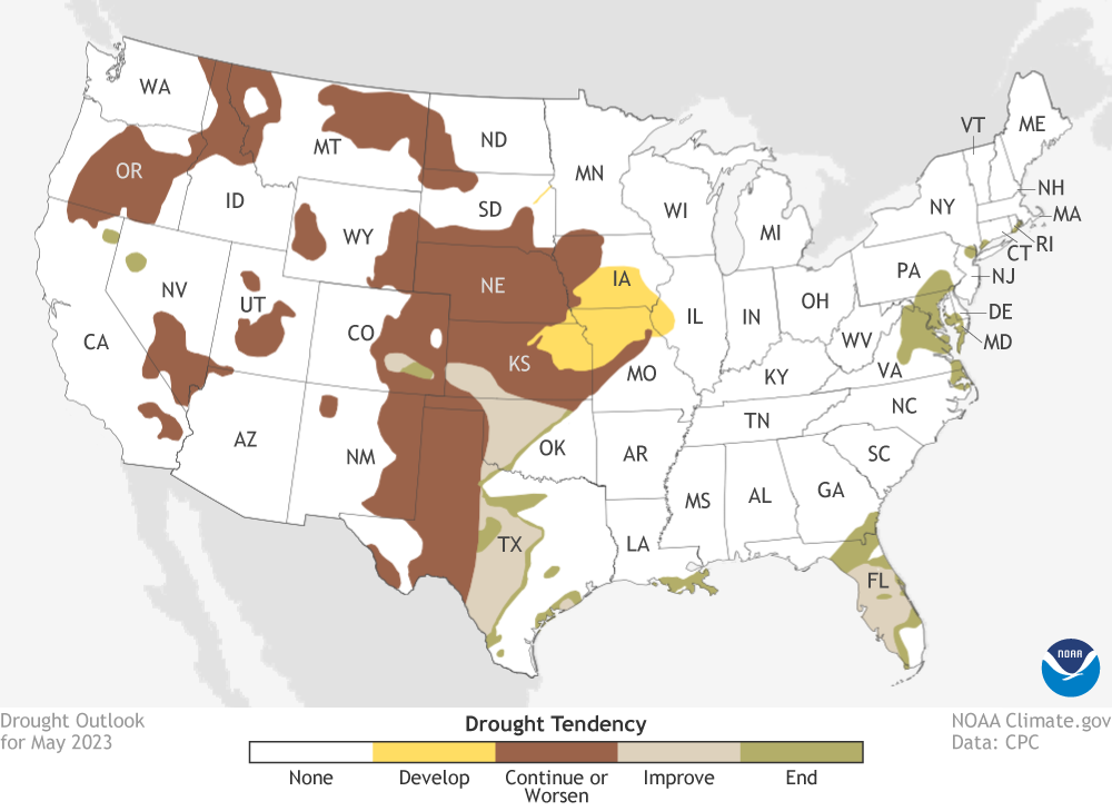Map of projected changes in U.S. drought conditions in May 2023