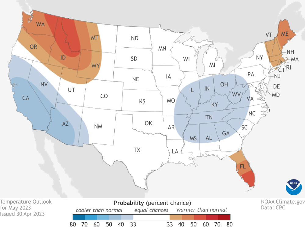U.S. map showing average May temperature probabilities 