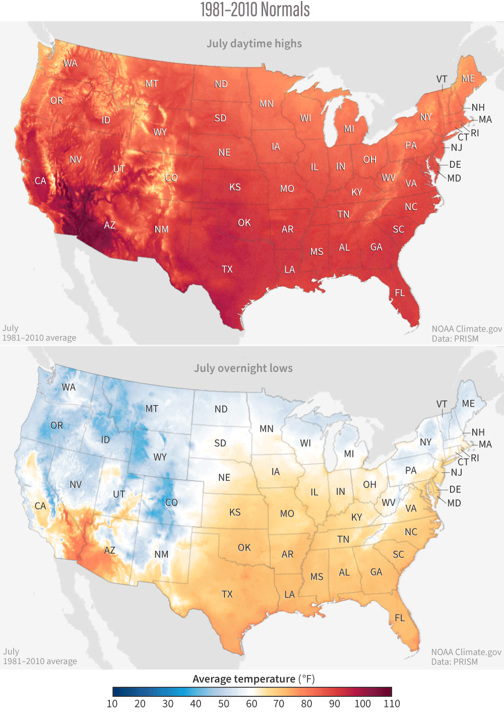 Past and future temperatures in the United States' hottest month of the year