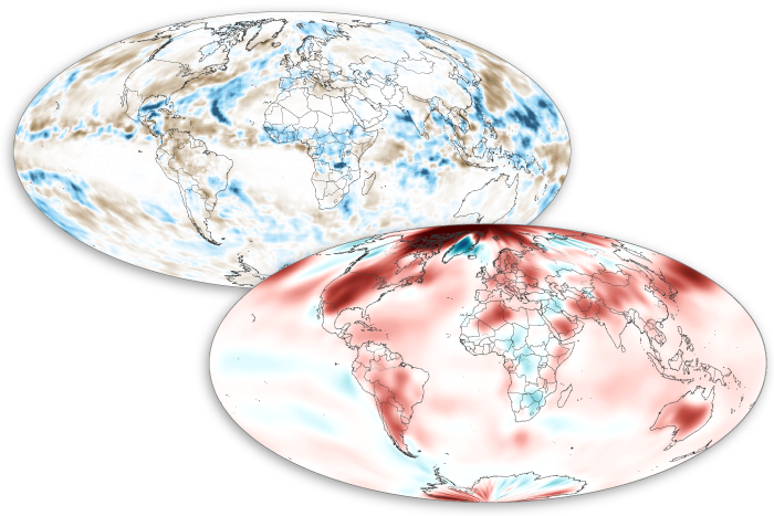 Stacked pair of global maps showing October 2024 temperature and precipitation patterns