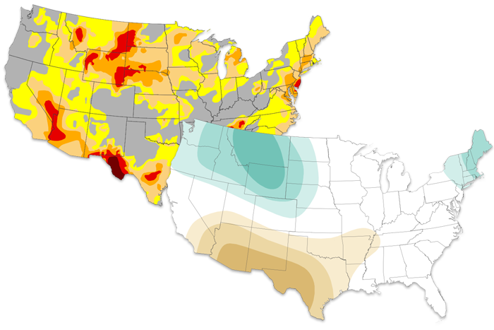 Two partially overlapping U.S. maps showing the current drought conditions and the predicted January precipitation 