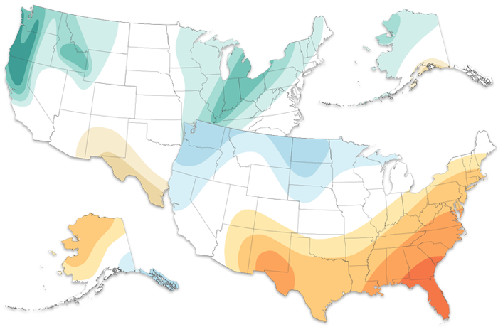 Overlapping maps of U.S. temperature and precipitation forecasts