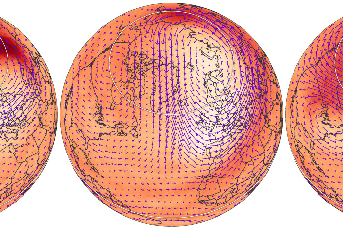 three maps of northern hemisphere stratosphere temperatures and winds