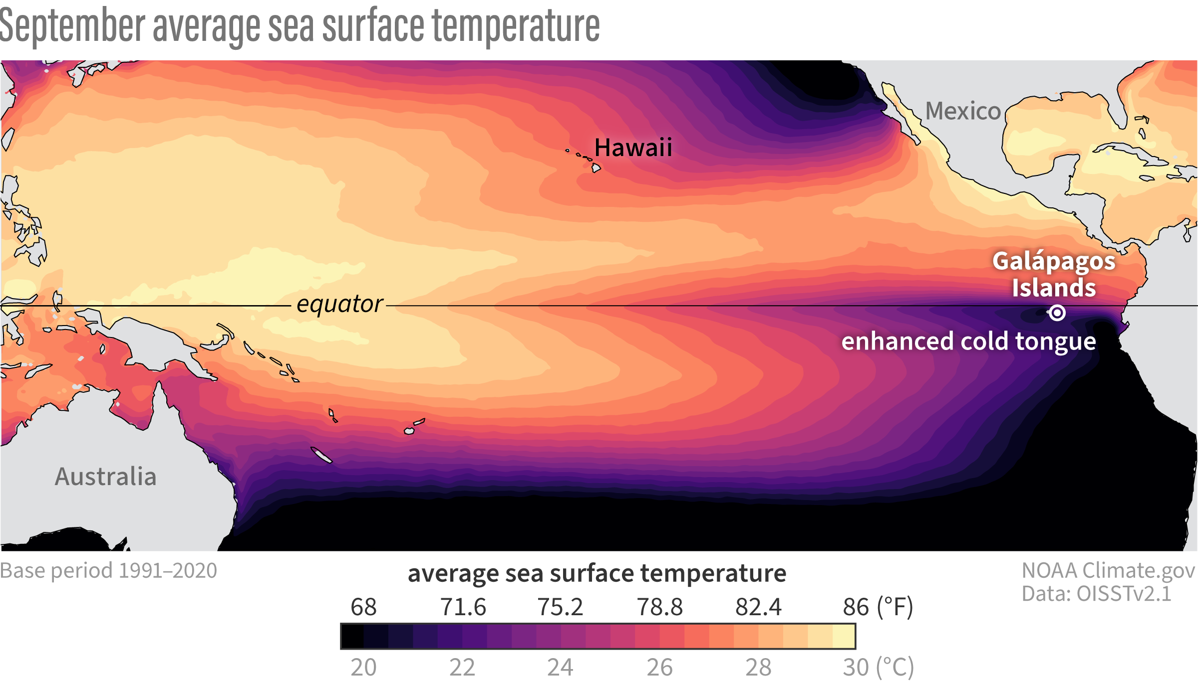 Map of average sea surface temperatures for September 1991-2020, centered on the tropical Pacific, showing a reduced 'cold tongue' around the Galapagos Islands.