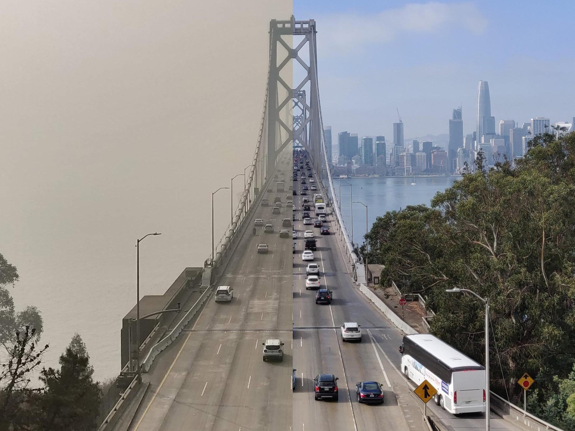 a split-screen-style photo composition showing a view of the San Francisco Bay Bridge on a day with clear air and a day with smoke