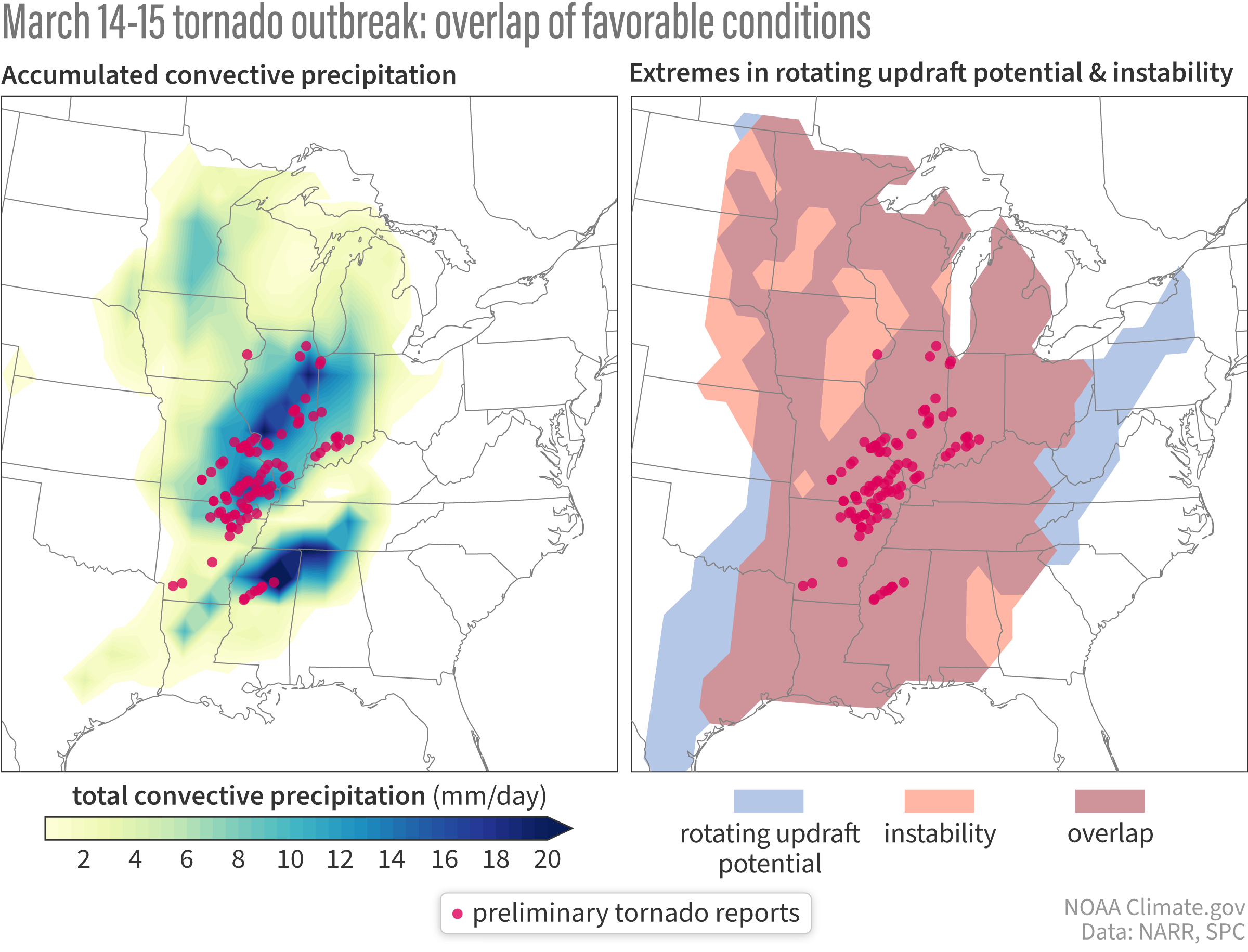 Two maps of eastern United States showing convective rainfall and atmospheric instability