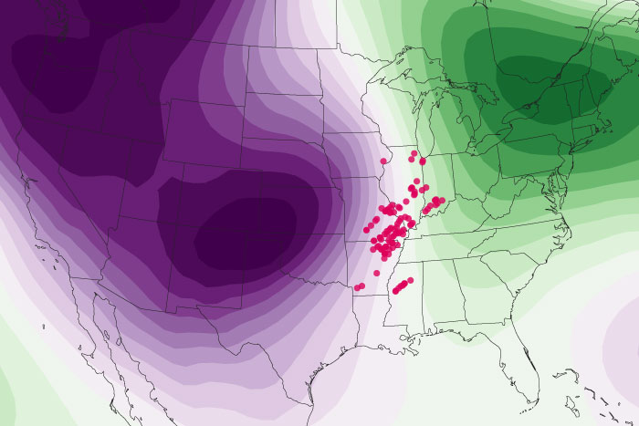 Map of extreme pressure gradient across United States