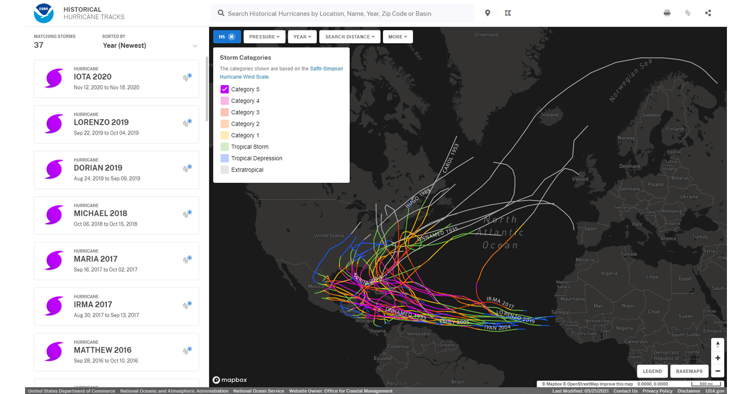 Historical Hurricane Tracks - GIS Map Viewer | NOAA Climate.gov