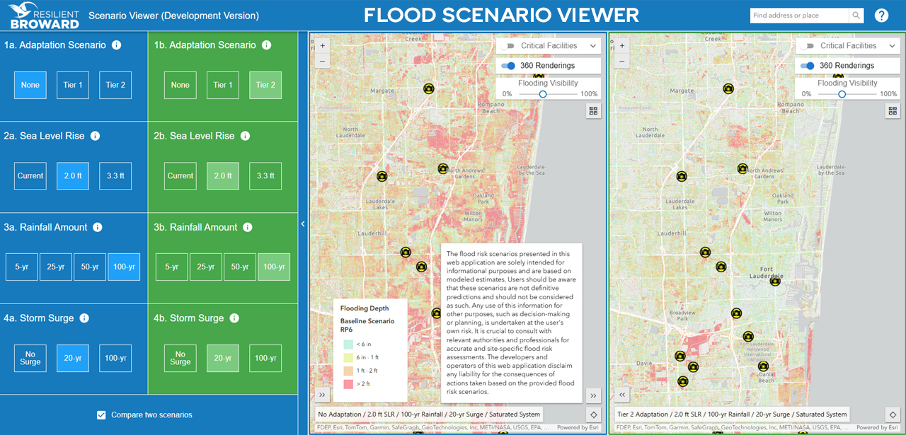 A screenshot of the Resilient Broward Flood Scenario Viewer showing two adaptation scenarios.