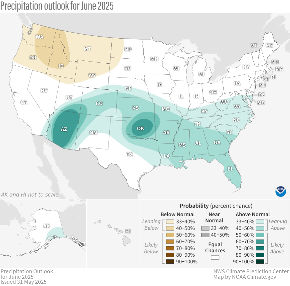 U.S. map of the outlook for precipitation in June 2025