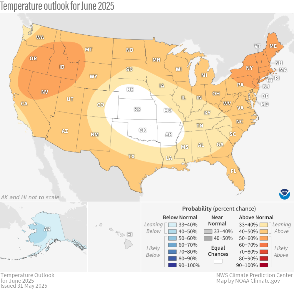 Map of the outlook for temperatures across the U.S. in June 2025.