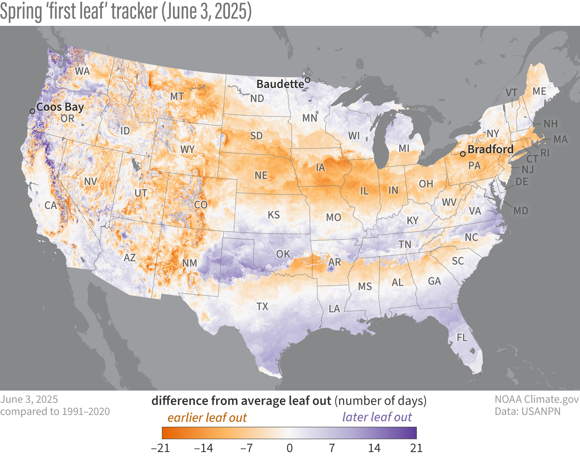 U.S. map showing where leaf-out was earlier or later than average