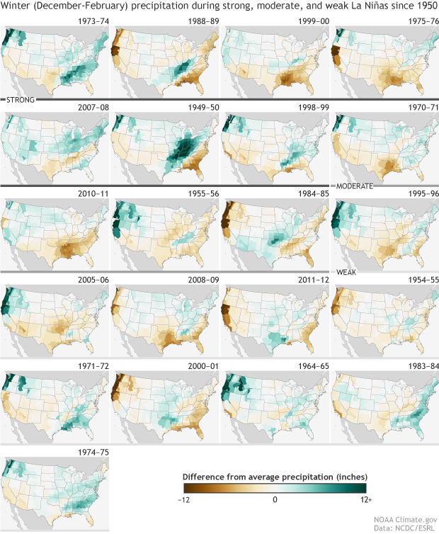 Precipitation patterns during every La Niña winter since 1950