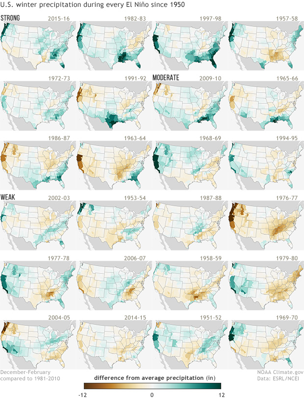 U.S. winter precipitation during every El Niño since 1950