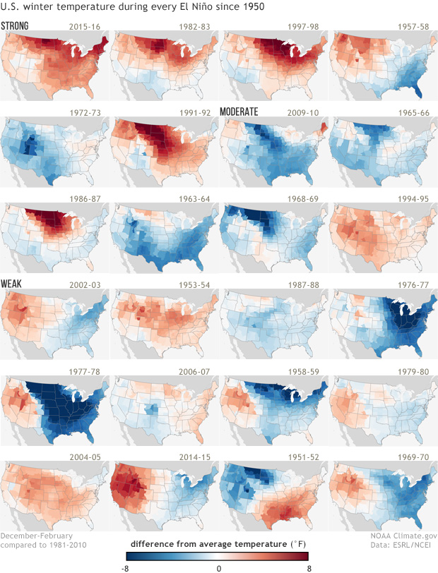 U.S. winter temperatures for every El Niño since 1950