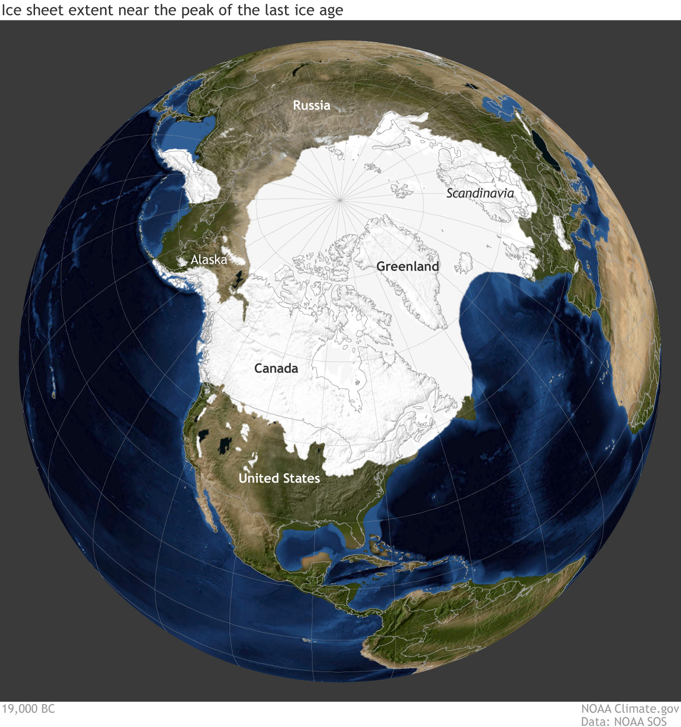 Blue marble globe with Northern Hemisphere ice sheet at peak of last ice age