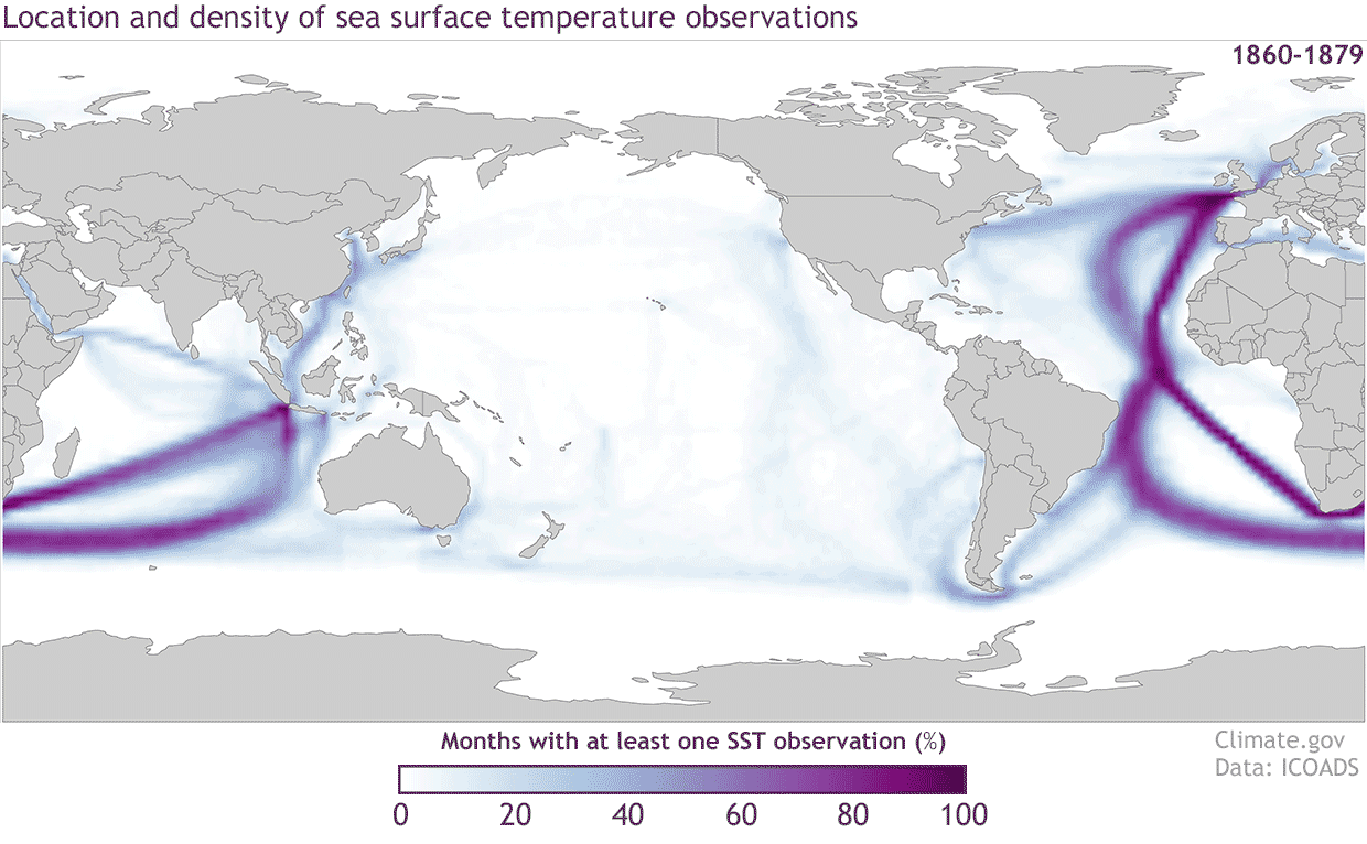 Animated global maps of the increasing density of ocean observations since the mid-1900s