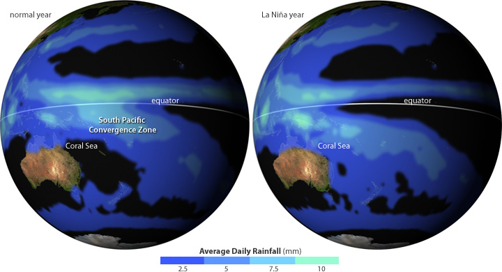 Two maps show average daily rainfall during a normal year and a La Niña year