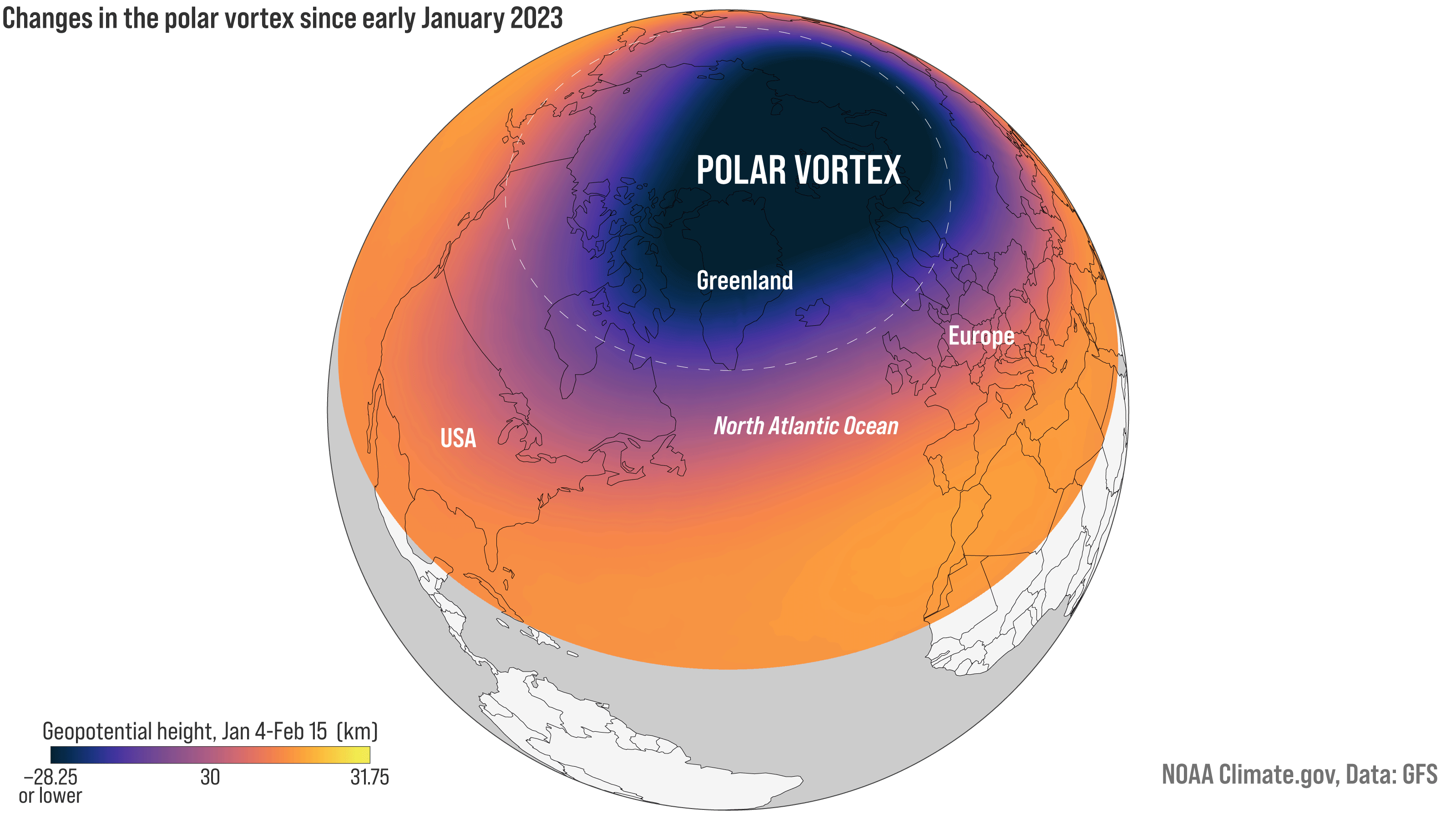 Animated map of Northern Polar region showing the polar vortex