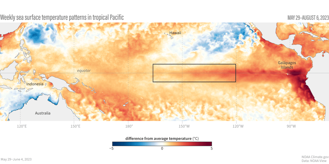 animation showing sea surface temperature in the tropical Pacific