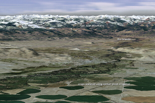 3-D land surface cover and terrain map of headwaters of Rio Grande