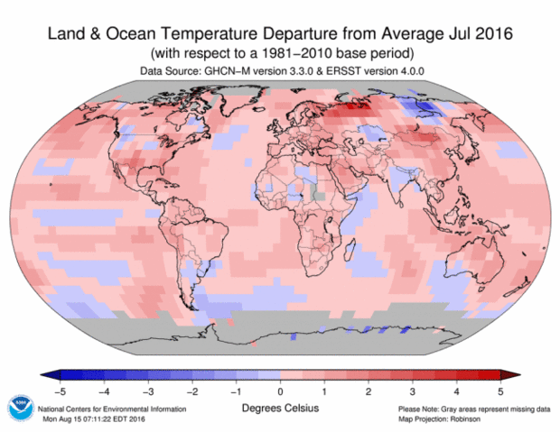 July 2016's surface temperatures compared to the average of the 1981-2010 period