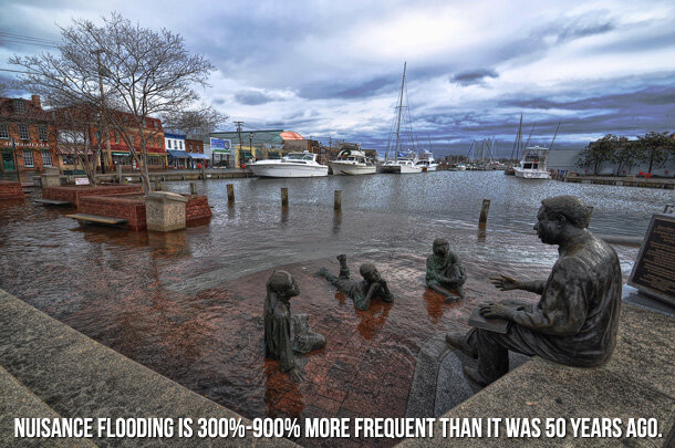 Photo of harbor in Annapolis, MD, showing public seating and sculpture installation flooded with several inches of water