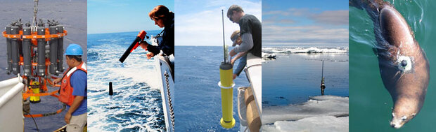 A photo collage showing different instruments and techniques for measuring ocean heat