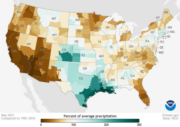 US map of precipitation anomalies in May 2021