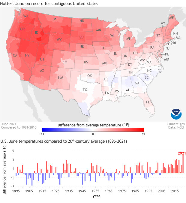 US map of temperature anomalies in July 2021 with a graph of July temperatures over time